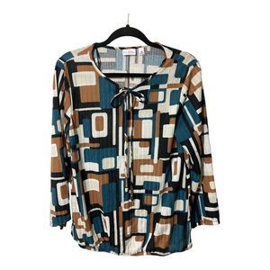 Kim Rogers Women's Medium Scoop Neck 3/4 Bell Sleeve Shirt Brown/Blue Casual